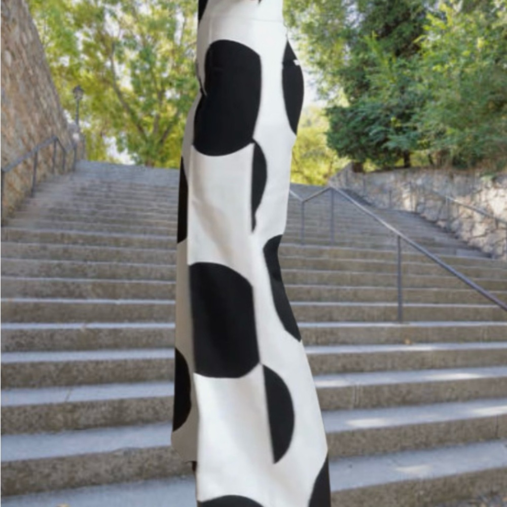 ZARA MID-RISE ZW POLKA DOT WIDE-LEG PANTS BLACK WHITE